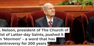 Russell Nelson, center, sits during the Church of Jesus Christ of Latter-day Saints’ biannual General Conference in Salt Lake City in 2019. George Frey/Getty Images